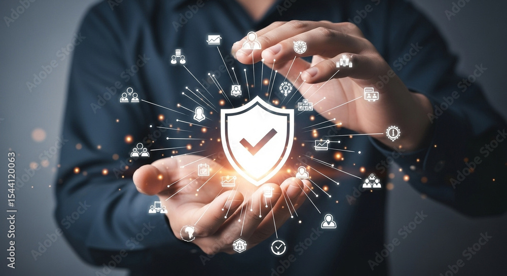 Poster person holding a glowing shield with checkmark surrounded by network icons in their hands