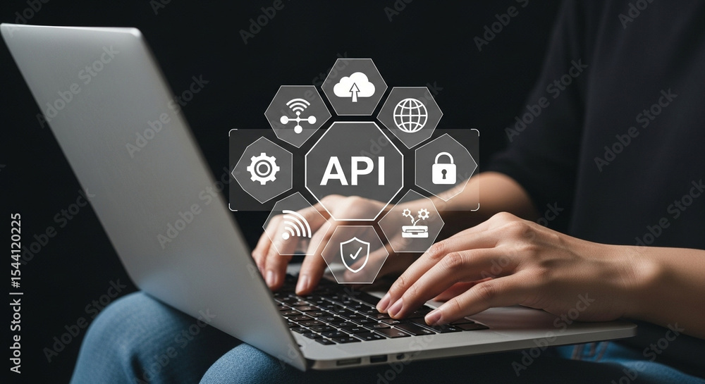 Poster person typing on laptop with api graphic overlay showing cloud and security icons on black backgroun