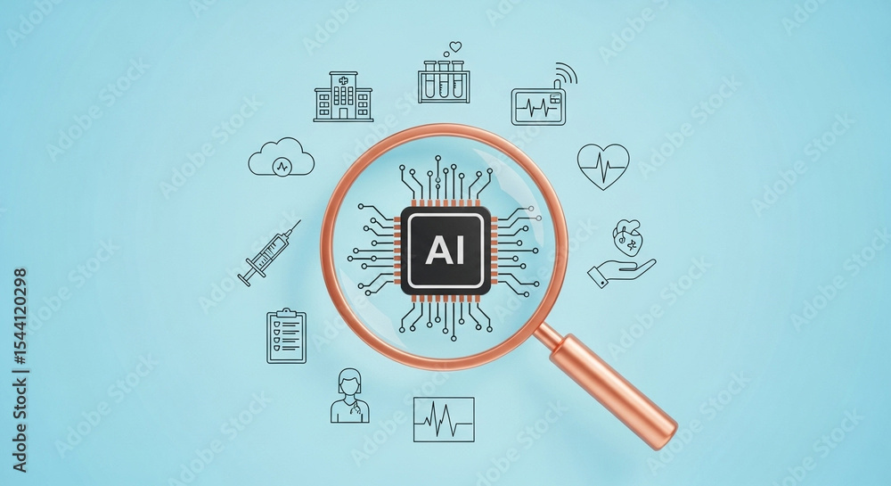 Aufkleber artificial intelligence in healthcare concept with ai chip and medical icons with magnifying glass
