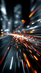 Dynamic light streaks create a vibrant, futuristic background symbolizing technology and innovation. Digital art concept highlights speed, connectivity, and modern digital transformation in a sleek de
