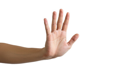 Open human hand showing five fingers stop gesture isolated on white background.