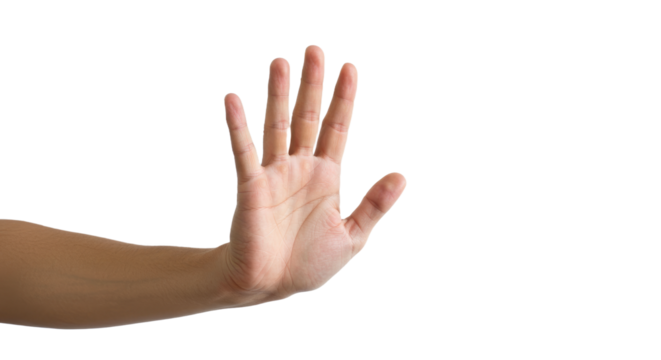 Open human hand showing five fingers stop gesture isolated on white background.