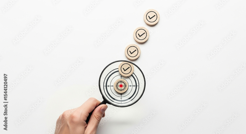 Poster hand holding magnifying glass over target with check mark coins on a white background surface
