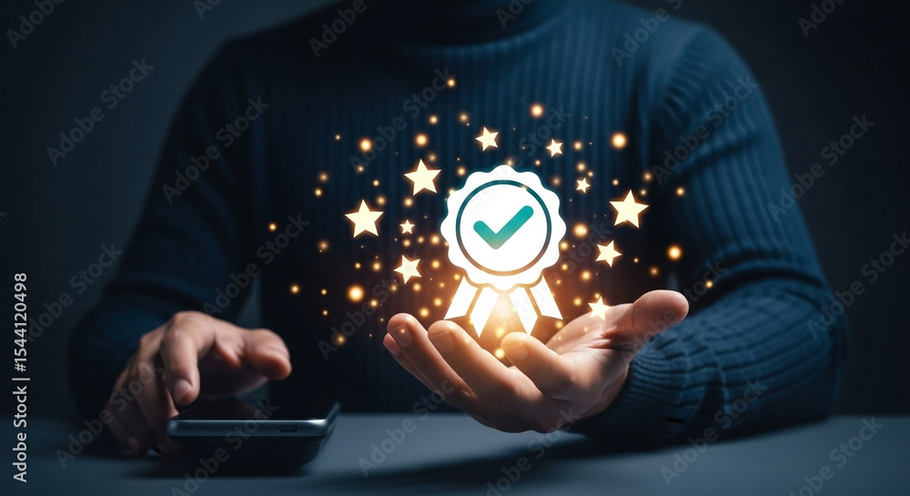 Aufkleber person holding glowing quality badge with stars and using phone in dark setting background scene