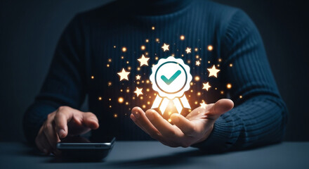 Person holding glowing quality badge with stars and using phone in dark setting background scene