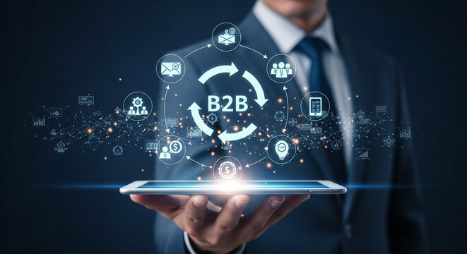 Man in suit holding tablet with b to b cycle and business icons floating above it in dark background