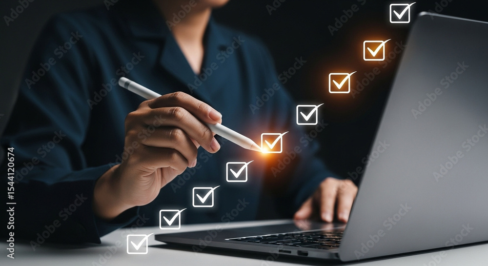 Aufkleber person using stylus on laptop with digital checklist floating above the screen in dark background