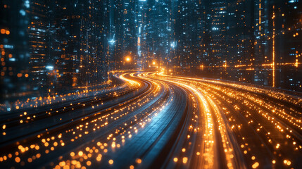 Dynamic light streaks create a vibrant, futuristic background symbolizing technology and innovation. Digital art concept highlights speed, connectivity, and modern digital transformation in a sleek de