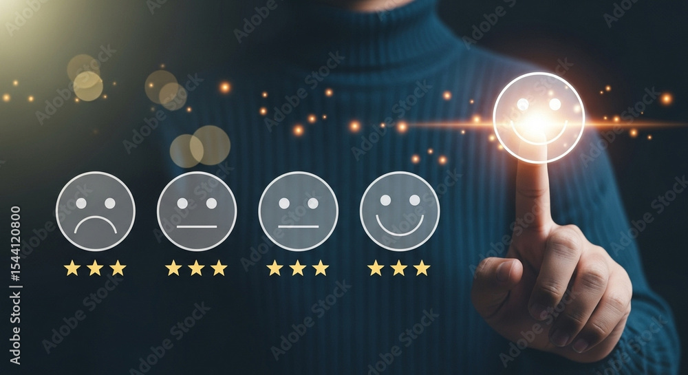 Poster A person selecting a happy face icon from a customer satisfaction rating scale interface display
