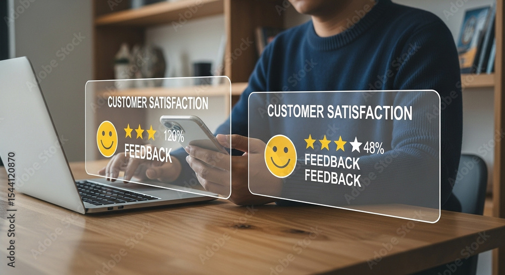 Aufkleber man using laptop and phone with customer satisfaction feedback interface overlay on wooden desk at h