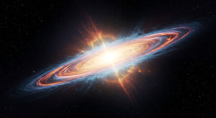 A space-time rift opening near a glowing galaxy, showing streaks of color and gravitational anomalies.