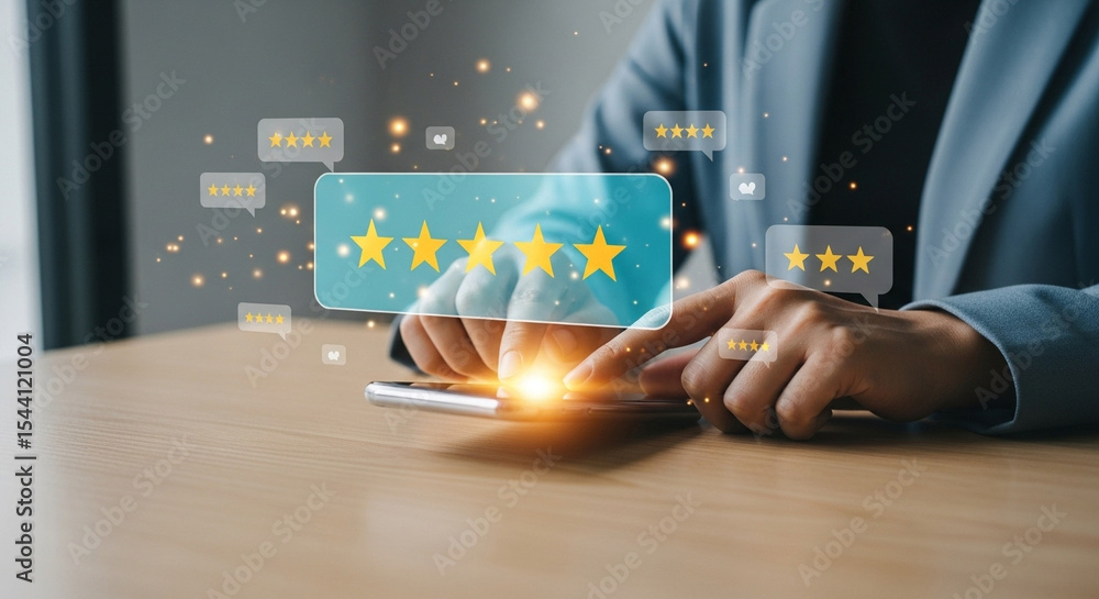 Poster person giving five star rating on smartphone with glowing effects and speech bubbles around it