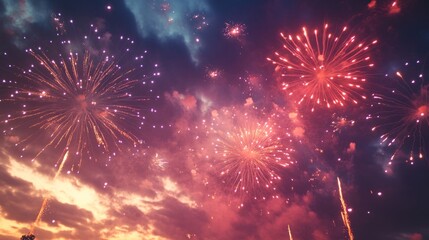 Fototapeta premium Fireworks in slow motion across a twilight sky, vibrant colors, celebration concept generative ai