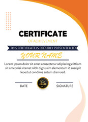 Certificate of achievement template with orange accents and best award seal