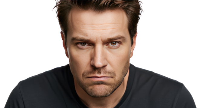 Serious Caucasian Man Portrait Brown Hair Closeup.