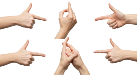 Six Diverse Human Hand Gestures Pointing Okay and Pinching Isolated on White.