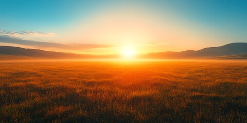 Golden Sunrise Over Open Field with Blue Sky and Mountain Range in Background