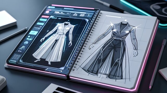 Fashion Design Technology: Digital Tablet and Hand-Drawn Sketch of Modern Dress for Creative Design Process