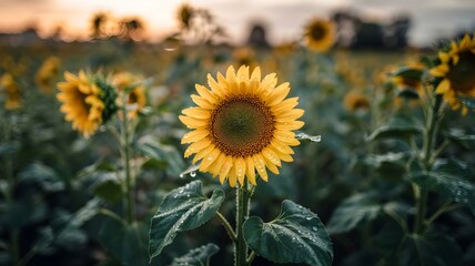 Sunflower Field at Sunset: Golden Light on Yellow Sunflowers with Green Leaves in a Tranquil Field