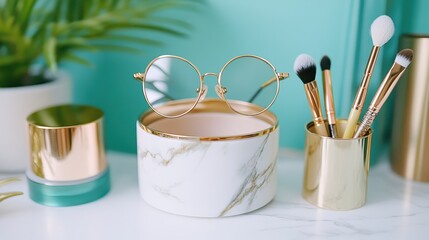 Gold-toned cosmetic accessories and eyeglasses on a marble surface.