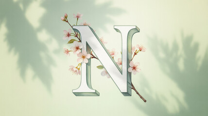 Floral letter N design with blossoms and soft shadows against a green background