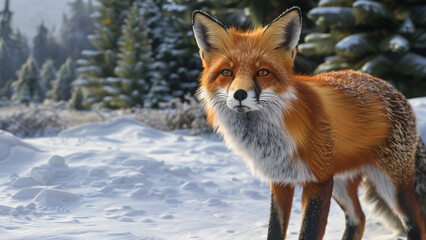 Red fox standing in snowy forest during winter with alert expression