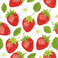 Strawberry and flowers hand drawn seamless pattern.