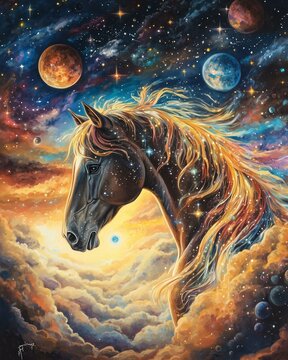 Watercolor Galactic horse amidst cosmic clouds digital art surreal environment fantasy viewpoint celestial concept for seo impact