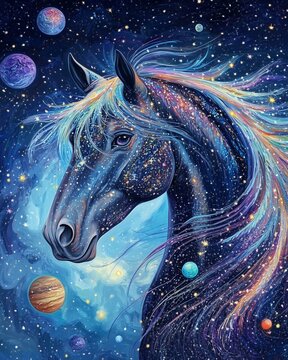 Watercolor Galactic journey of a cosmic black horse outer space digital art mystical surrealism vibrant colors