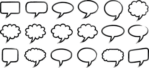 Hand drawn speech bubbles with a black pencil or crayon. Cute dialog frames, ballons, clouds for communication