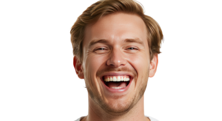 Smiling Man with Open Mouth Showing Teeth Isolated on White Background.