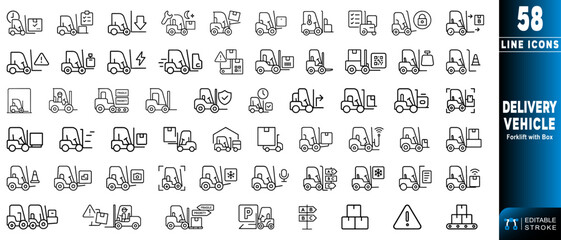 Line icons of forklift delivery vehicles for efficient logistics management. Editable stroke. Vector illustration