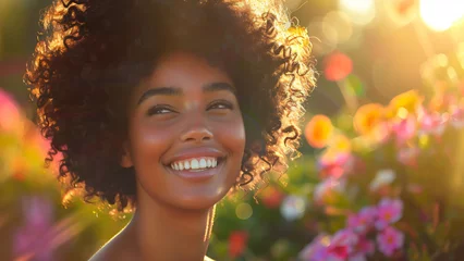 Fototapete Pflegezentrum Smiling woman in garden with sunlight and blooming flowers  © Line