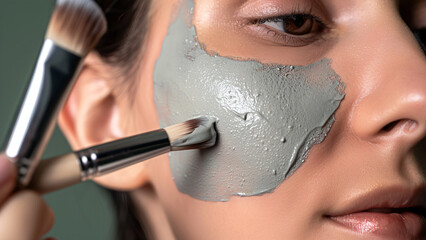 Woman applying charcoal mask to face in skincare routine