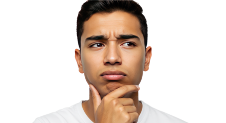 Thoughtful Young Man with Hand on Chin Isolated.