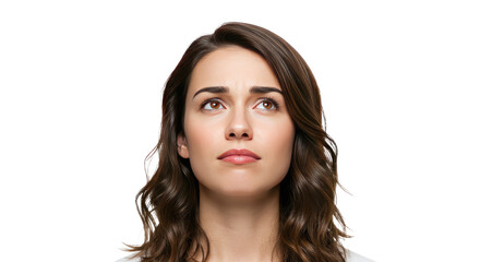 Fototapeta premium Thoughtful Woman with Brown Hair Looking Upward.