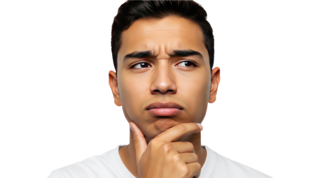 Thoughtful Young Man with Hand on Chin Isolated.