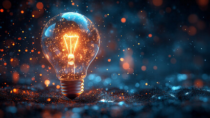 Futuristic business strategy concept with glowing light bulb and graphic icons symbolizing innovation, planning, growth, and economic development. Ideal for business, marketing, and competition themes