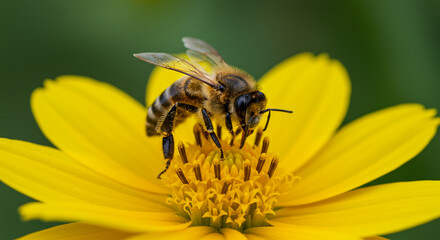 Macro photo of a bee collecting pollen on a yellow flower