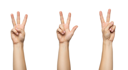 Three Hands Displaying Number Three on White Background.