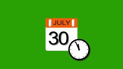 4K calendar animation July 30 date 2025 animation. clock and black background clean and stunning 4k animation.