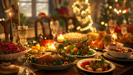 Fototapeta premium Festive holiday feast on dinner table with warm lighting