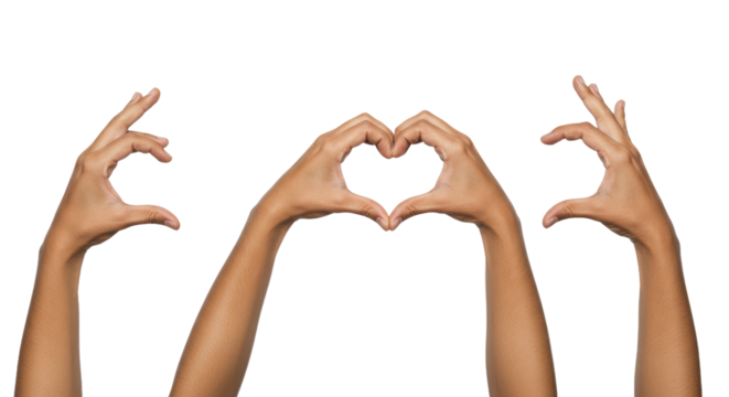 Three Hands Expressing Love and Peace on White Background.