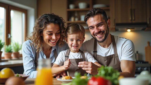 Portrait Of Cheerful Middle-Eastern Family Of Three Haaving Fun In Kitchen Together
 - Powered by Adobe