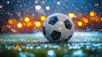 Fototapeta premium Soccer ball in rain, night lights