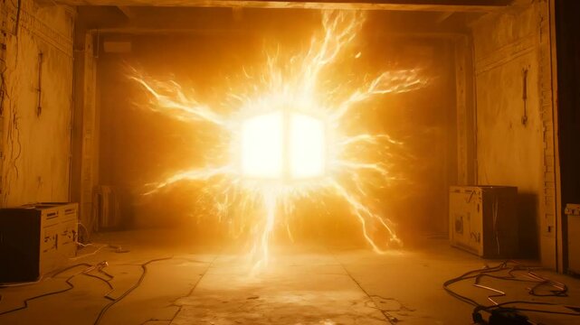 Bright explosion from a central square in an empty room.