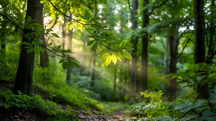 Obraz premium Sunlight Streaming Through Green Forest Canopy, Scenic Woodland with Lush Vegetation
