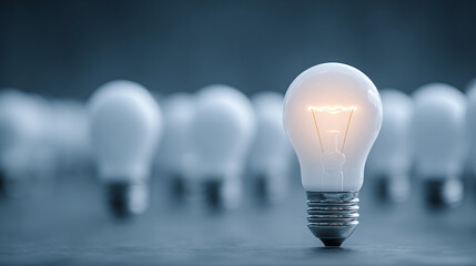 Futuristic business strategy concept with glowing light bulb and graphic icons symbolizing innovation, planning, growth, and economic development. Ideal for business, marketing, and competition themes