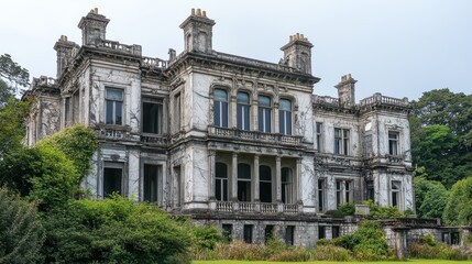 Fototapeta premium A grand, decaying mansion stands amidst overgrown foliage.