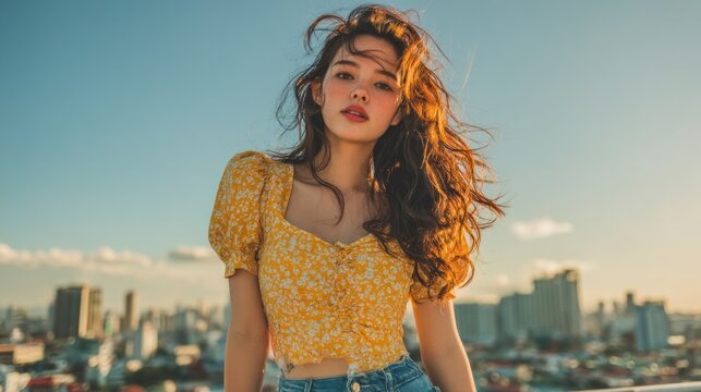 Asian girl embodying youthful carefree spirit on a city rooftop during golden hour
